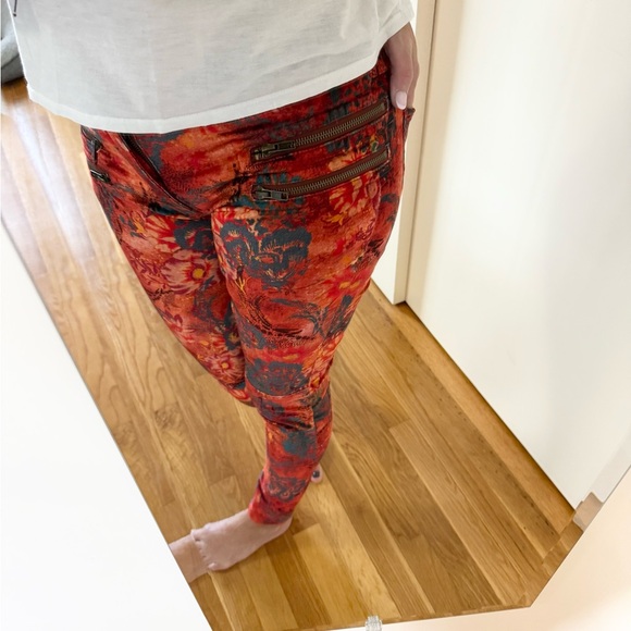 Free People Lennon Floral Funkytown Orange Red Velvet Skinny Pants - Picture 9 of 16